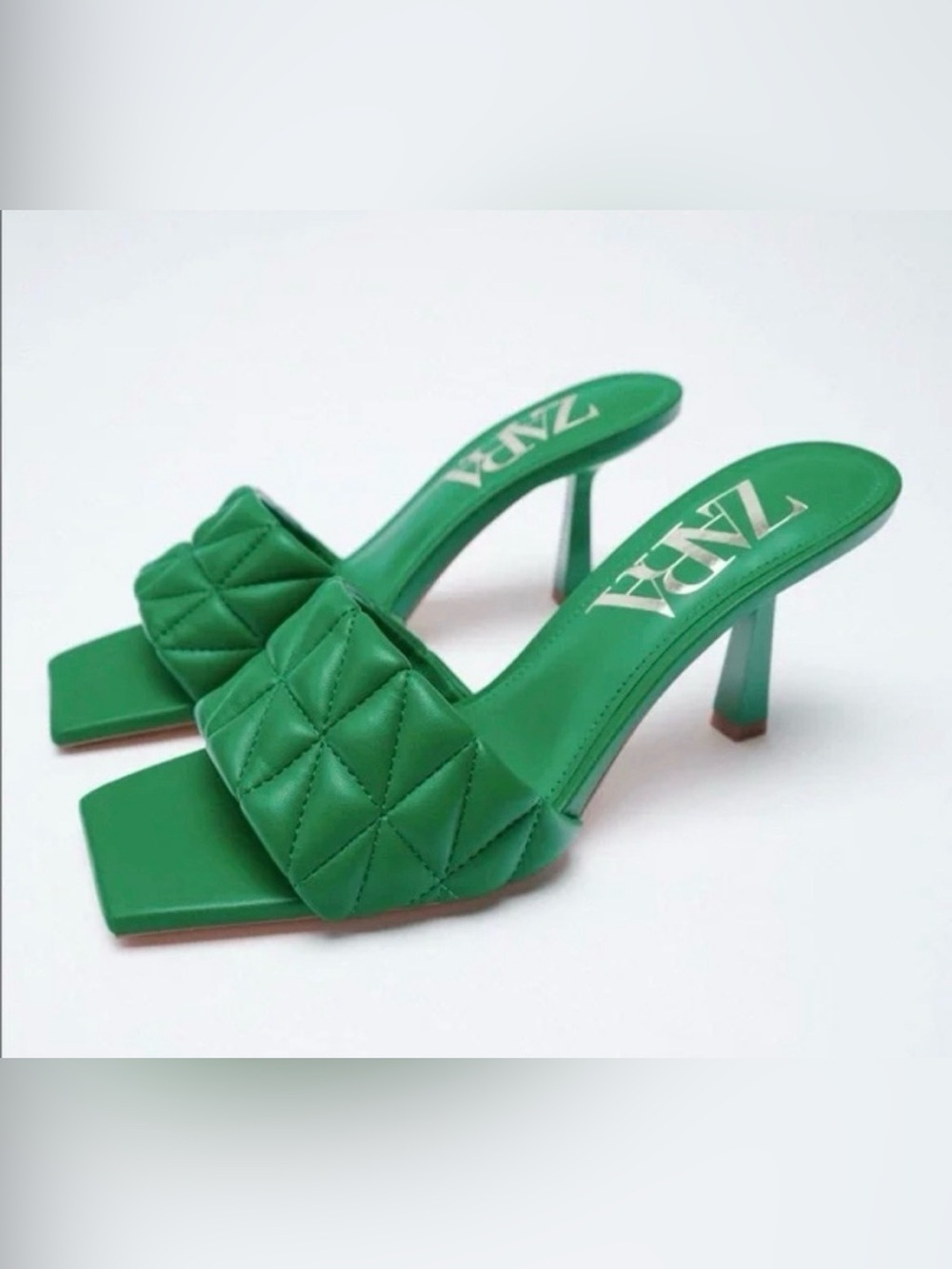 Zara Emerald Green Quilted Padded Square Toe Heeled Mules EU 40